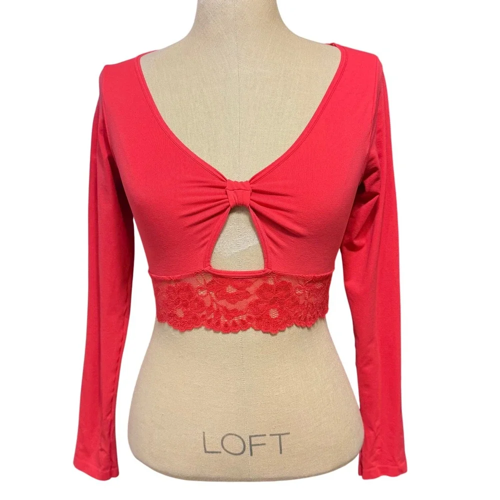 Anthropologie S/M Lace-Trim Cutout Long-Sleeve Crop Top Red Coquette Ballet Sexy